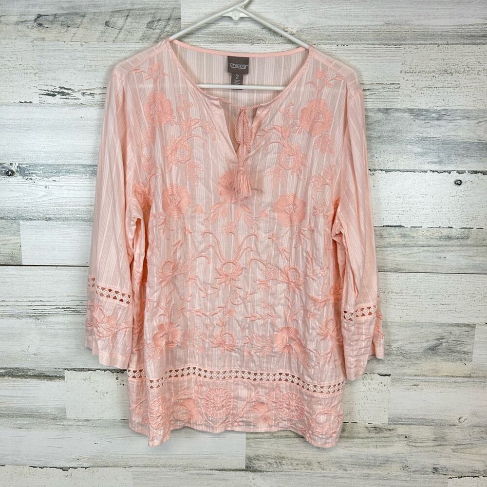 Chico’s 2 /L Cottage Rose Pink Embroidered Boho Peasant Tunic Top Cotton Tassel